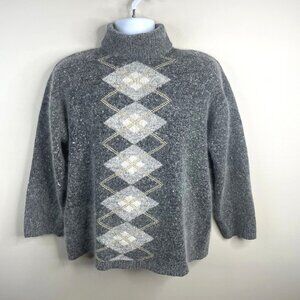 Vintage Silk Angora Argyle Sweater XLarge Old Money Neutral Cozy Mock Neck